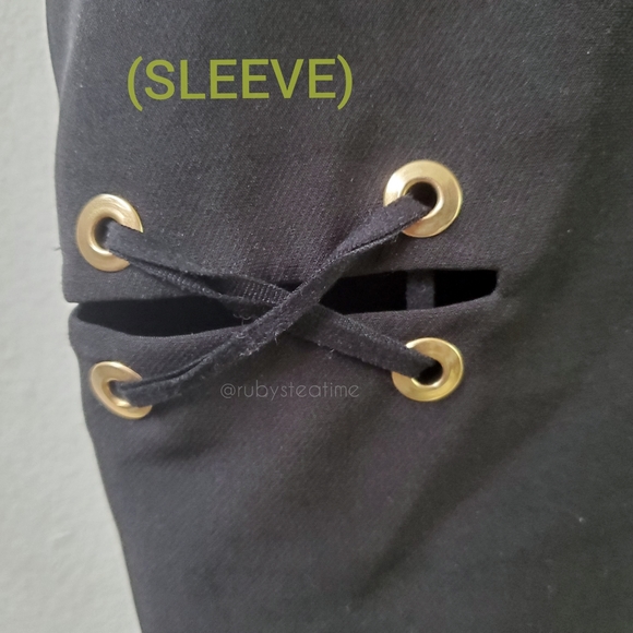 ZARA Criss Cross / Cut Out Neckline, Black Shift Dress with Gold/Brass Hardware - Picture 5 of 7